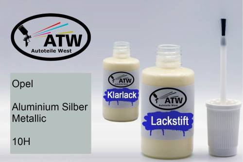 Opel, Aluminium Silber Metallic, 10H: 20ml Lackstift + 20ml Klarlack - Set, von ATW Autoteile West.